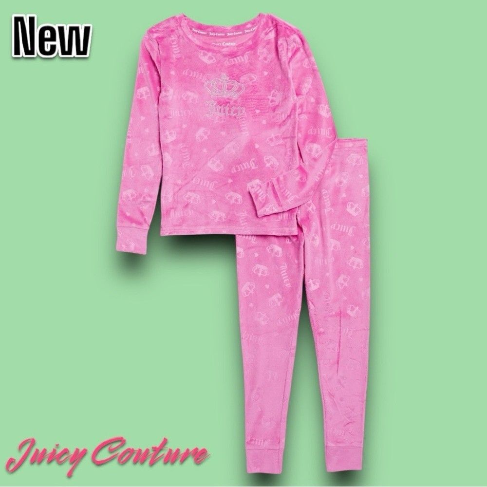 New Juicy Couture Kids' Logo Fitted Velvet Long Pajamas Euphoria Crown Logo - Picture 1 of 2